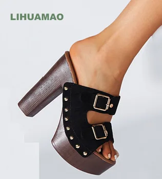LIHUAMAO 13см каблук замша квадратный каблук сандалии платформы женщин обувь повседневная обувь лодыжки ремень с открытым носком в стиле ретро заклепки обувь