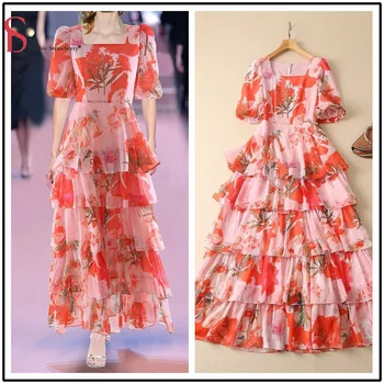Высококачественные платья Женские весенне-летние во французском стиле с рукавами-пузырями, высокой талией, тонким квадратным вырезом, длинным платьем для торта, женское