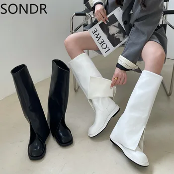  Женские сапоги до колена, туфли Челси на высоком толстом каблуке в западном стиле, черные, белые, Новинка 2023 года