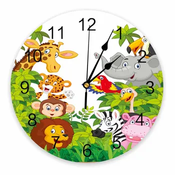 Мультяшный жираф из джунглей, Лев, Зебра, слон, декоративные Круглые настенные часы, не тикающие, Бесшумные, комнатные, большие настенные часы