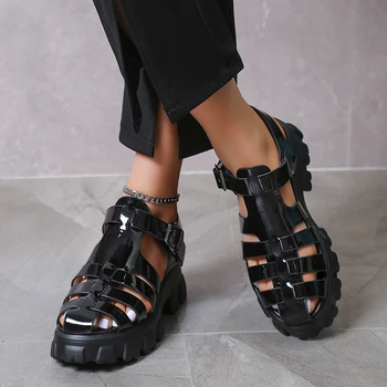 Новые женские летние сандалии, римские сандалии на плоской подошве с толстым дном, женская обувь с пряжкой, нескользящая уличная пляжная обувь, плюс размер 43