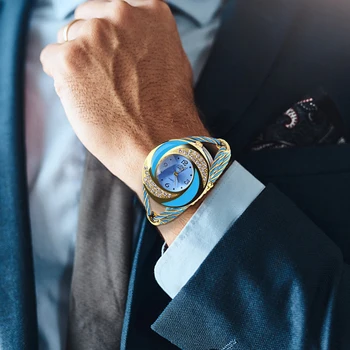 Модный женский браслет-манжета с круглым кристаллом, украшенный стразами, Аналоговые кварцевые часы-браслет 1EFJ