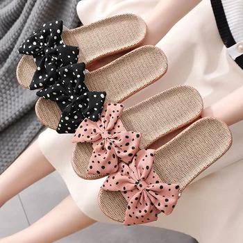 Летние льняные тапочки с бантом, женская японская милая домашняя обувь с волнистой точкой, Удобные нескользящие женские льняные тапочки, повседневные