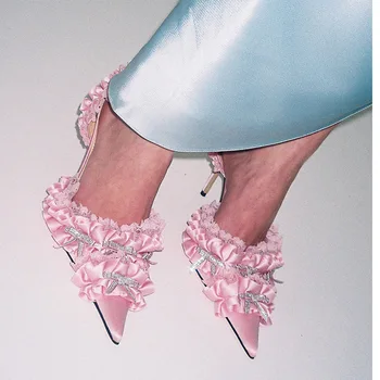 Атласные ОБОРКИ, цветочные кристаллы, женские туфли-лодочки с острым носком, Туфли для свадебной вечеринки, сексуальные босоножки-шлепанцы на высоком каблуке-шпильке