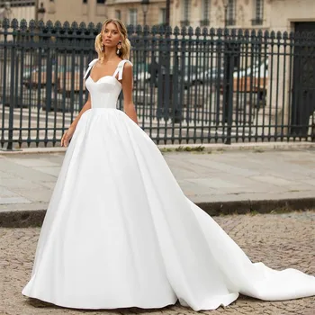 Классические длинные атласные свадебные платья в виде сердца с карманами, трапециевидный шлейф, свадебные платья с бантом на заказ, Vestido De Novia для женщин