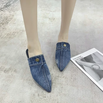 2023 Летние Новые джинсовые Простые женские туфли с большим острым носком с леопардовым рисунком, Модные удобные женские полуботинки