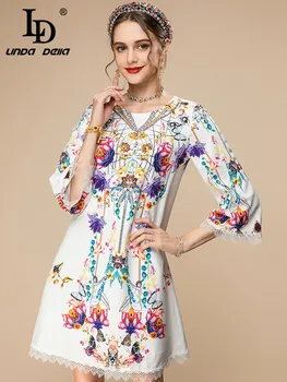 Дизайнер LD LINDA DELLA, 2023, Весеннее новое белое мини-платье, женские мини-платья с рукавом 3/4, расшитые бисером и цветочным принтом