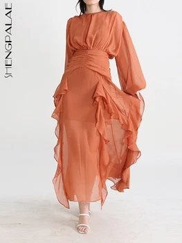 Французское платье SHENGPALAE с круглым вырезом, длинным рукавом, внутренним ремешком с высокой талией, с оборками по краю, Платье для женщин, Новинка Лета 2023, R2086