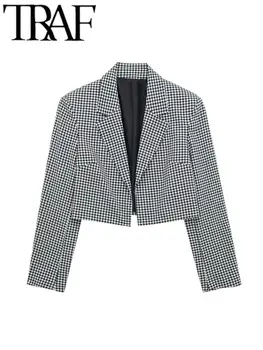 Укороченные блейзеры TRAF в корейском стиле, женские повседневные пиджаки Y2K с простым надрезом, универсальные Женские костюмы с длинными рукавами, пальто, куртки, топы в клетку