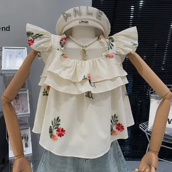 Новинка в женской одежде 2023 Летняя милая рубашка с вышивкой, дизайн с рюшами, летящий рукав, блузки для похудения