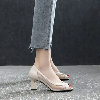 Лето 2023, женские босоножки на блочном каблуке, обувь на среднем каблуке, Массивная женская обувь для работы в офисе, Бежевая Прозрачная прозрачная обувь