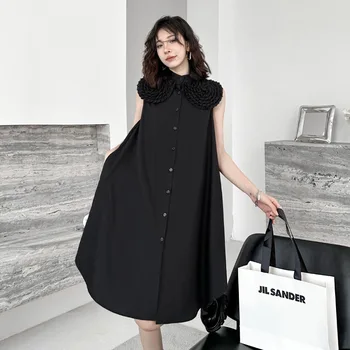 Черное платье-рубашка без рукавов со стоячим воротником в японском стиле, черное платье-рубашка для женщин, уличная одежда, свободные повседневные платья трапециевидной формы, Леди 90225