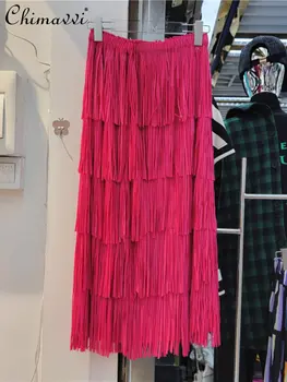 Розово-красная юбка с кисточками для женщин, летняя одежда 2023 года, Новый модный дизайн, эластичный пояс, приталенная юбка, Темпераментные юбки для торта