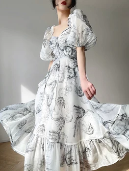 2023 Летнее Винтажное платье с цветочным рисунком, Женское Шифоновое элегантное вечернее платье миди, Женское Пляжное повседневное платье с принтом, Корейский