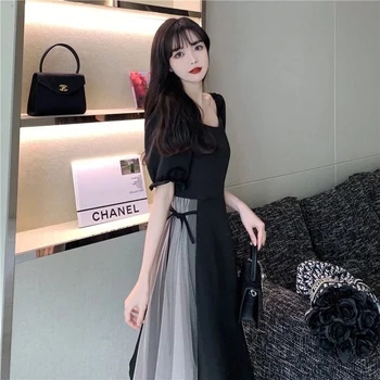 Летнее сетчатое женское платье длиной до колен, Черное французское Элегантное классическое модное платье на талии, универсальная одежда для офиса, красивая