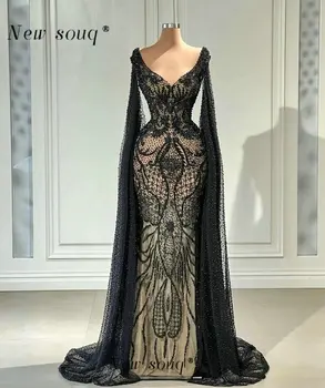 Дубай, черные вечерние платья Русалки с глубоким V-образным вырезом, Элегантная накидка с длинными плечами, расшитая бисером, вечерние арабские платья 2023 года для женской вечеринки
