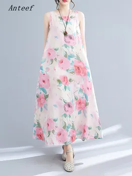 хлопковые винтажные платья с цветочным рисунком большого размера без рукавов для женщин, повседневное свободное длинное летнее платье, элегантная одежда 2023