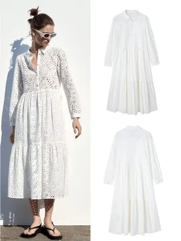 Летнее новое повседневное модное элегантное женское платье Миди с отворотом, длинным рукавом и талией средней длины, с полой вышивкой