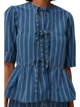 Джинсовая рубашка в полоску, женская рубашка с оборками, с коротким рукавом, на шнуровке, с круглым вырезом, женская блузка, топы 2023, Весна-лето