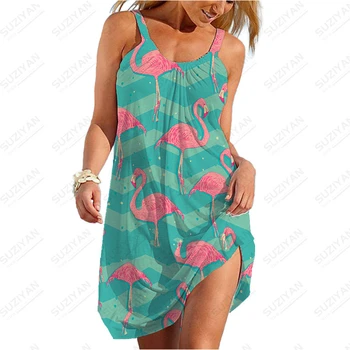 2023 Новая гавайская модная короткая юбка, женская свободная сексуальная рубашка с круглым вырезом, летний ремень, нерегулярное платье с 3D-принтом фламинго