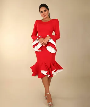 Винтажные короткие вечерние платья из красного крепа с круглым вырезом, облегающее вечернее платье с оборками чайной длины и длинным рукавом для женщин