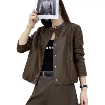 Модная Короткая куртка из искусственной кожи, женское кожаное пальто, Новинка 2023 года, весна-осень, повседневная Корейская верхняя одежда с круглым воротом, Женские топы