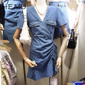 Hemu Лето 2021, Новая Юбка трапециевидной формы, женское Мини-платье для похудения в корейском стиле в стиле ретро С V-образным вырезом и Регулируемой талией