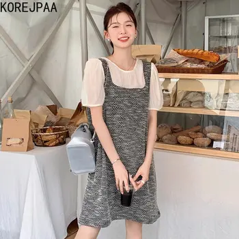 Корейское винтажное платье Korejpaa, Корейские шикарные Мини-платья из двух частей с коротким рукавом, Повседневные Модные Летние ретро-платья Femme