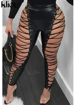 Kliou Брюки в стиле хип-хоп, женские однотонные брюки с перекрестной повязкой из искусственной кожи, полуночные брюки с застежкой-молнией сзади, горячая тонкая уличная одежда высокого качества
