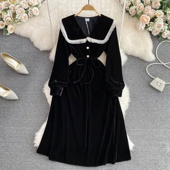 Винтажное платье Хепберн во французском стиле, золотое бархатное платье с кукольным вырезом, черное Vestidos, модное приталенное длинное платье трапециевидной формы