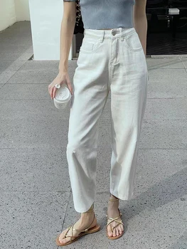 Новая корейская версия повседневных универсальных модных женских брюк из однотонных джинсов с высокой талией, свободных и тонких