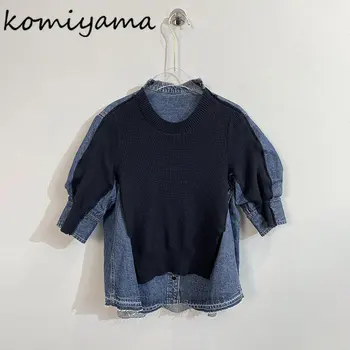 Женский джинсовый свитер в стиле пэчворк Komiyama, весенняя одежда Y2k с короткими рукавами, искусственный трикотаж, Свободные топы-пуловеры с круглым вырезом.