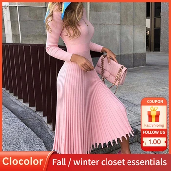 Женский свитер, Вязаное платье, Плиссированное расклешенное, Осень-зима 2022, Розовые Дизайнерские свитера с длинным рукавом, платья Миди, Осень