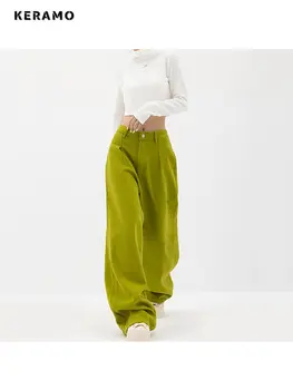 Винтажный уличный стиль, высокая талия, однотонные прямые джинсовые брюки, Корейские модные женские широкие мешковатые джинсовые брюки Y2K 90-х годов