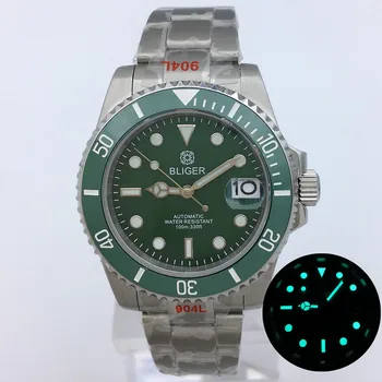 Мужские часы BLIGER 40 мм NH35A PT5000 Green для дайвинга Со светящимся зеленым циферблатом Керамический безель Сапфировое стекло Дата Матовый браслет Oyster