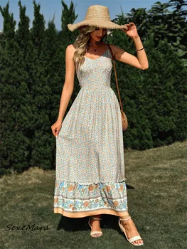 Летнее платье с V-образным вырезом и Богемным принтом 2023, женское Повседневное Элегантное Длинное платье