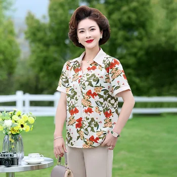 Летняя Женская модная повседневная блузка среднего возраста с коротким рукавом, топы, женская рубашка с цветочным принтом, свободная рубашка с отворотом на шее