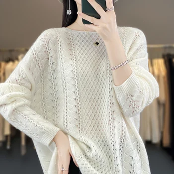 Весенне-осенний новый женский вязаный полый топ из 100% мериносовой шерсти с круглым вырезом, пуловер, свободная модная корейская версия
