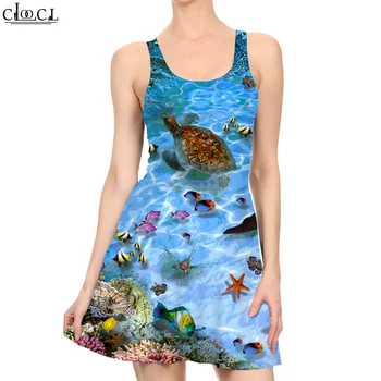 Женское платье CLOOCL, красивое женское платье принцессы с 3D принтом морской черепахи, повседневные летние модные женские мини-платья без рукавов