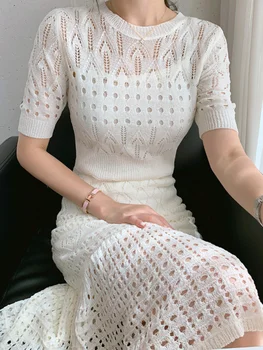 Корейское винтажное платье Cihc с оборками, выдалбливают дизайн, Женское платье, милый простой тонкий костюм-двойка, трикотажные платья, лето 2023 г.