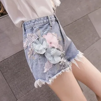 2023 Летние женские джинсовые шорты с высокой талией и пуш-апом, Студенческая вышивка с объемной цветочной кисточкой, Широкие короткие брюки