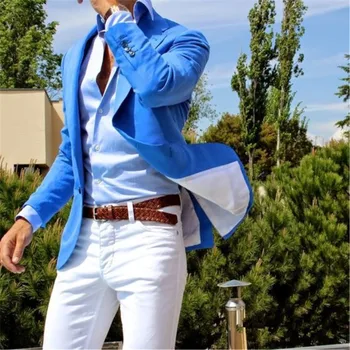 2023 Новый Летний Стиль Королевское Синее пальто Белые Брючные Мужские Костюмы из 2 предметов (Куртка + Брюки + Галстук) Блейзер Жениха Костюм Homme