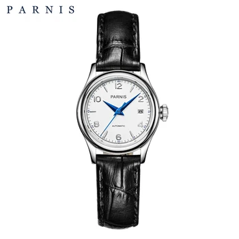 Модные механические часы Parnis с серебряным корпусом 26 мм, женские механические часы с сапфировым стеклом, кожаный ремешок, женский календарь, Автоматические Роскошные часы