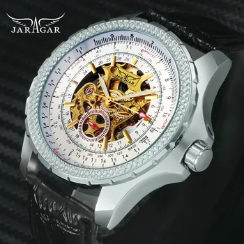 Мужские автоматические часы JARAGAR, классические механические часы с прозрачным скелетом, лучший бренд, роскошный кожаный ремешок, часы relogio