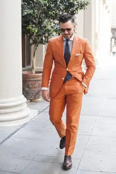 Оранжевый вырез на лацкане с двумя Пуговицами Мужские Костюмы Custome homme модный блейзер мужские крутые смокинги красивый (Пиджак + Брюки + Галстук + Носовые платки)