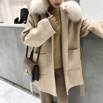 Шерстяное пальто с меховым воротником, женское Длинное Модное Повседневное Свободное Шерстяное пальто из натурального лисьего меха 2023, женская зимняя верхняя одежда