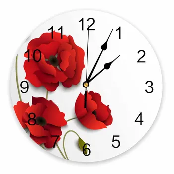 Красный Цветок Мака, Белые Декоративные Круглые настенные часы, дизайн с арабскими цифрами, не Тикающие настенные часы, большие для спален, ванной комнаты