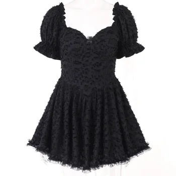 Женское платье темно-готической моды, Однотонный плиссированный квадратный воротник, Короткий рукав, Тонкий пуловер, платье сексуальной леди в готическом стиле 2023 г.