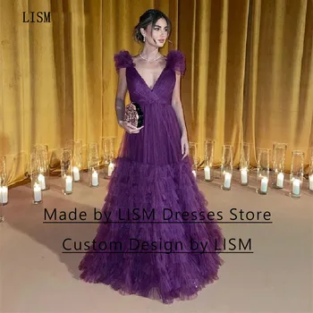 LISM Фиолетовое вечернее платье трапециевидной формы с глубоким V-образным вырезом, без рукавов, из тюля, простые выпускные платья для выпускного вечера Длиной до пола, вечерний халат