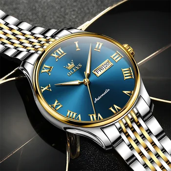 OLEVS Роскошные Мужские часы с синим римским циферблатом, Полностью стальные Водонепроницаемые Механические часы, Мужские Спортивные часы с датой Reloj Hombre